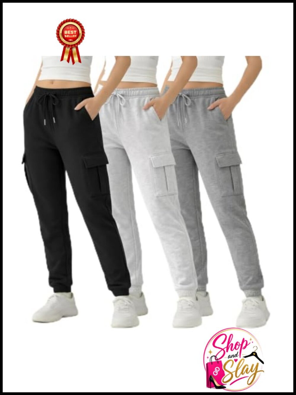 Fleece Cargo Joggers for Women 3-Pack Tapered Sweatpants with 4 Pockets